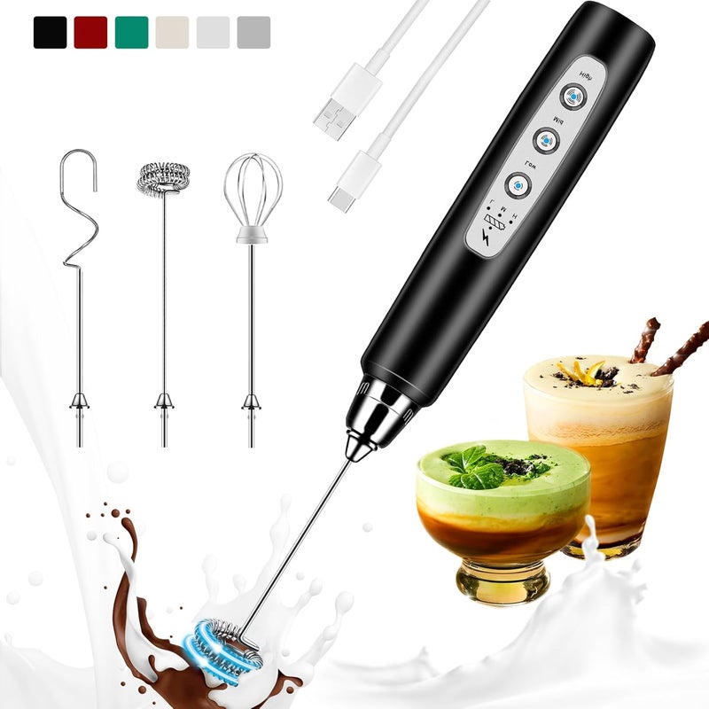 Colarlemo Milk Frother Handheld Rechargeable, Frother Wand Drink Mixer Electric Whisk for Coffee, Detachable With 3 Stainless Whisks, Hand Mixer for Lattes, Cappuccino, Matcha, Egg, No Stand,Black - Image 1